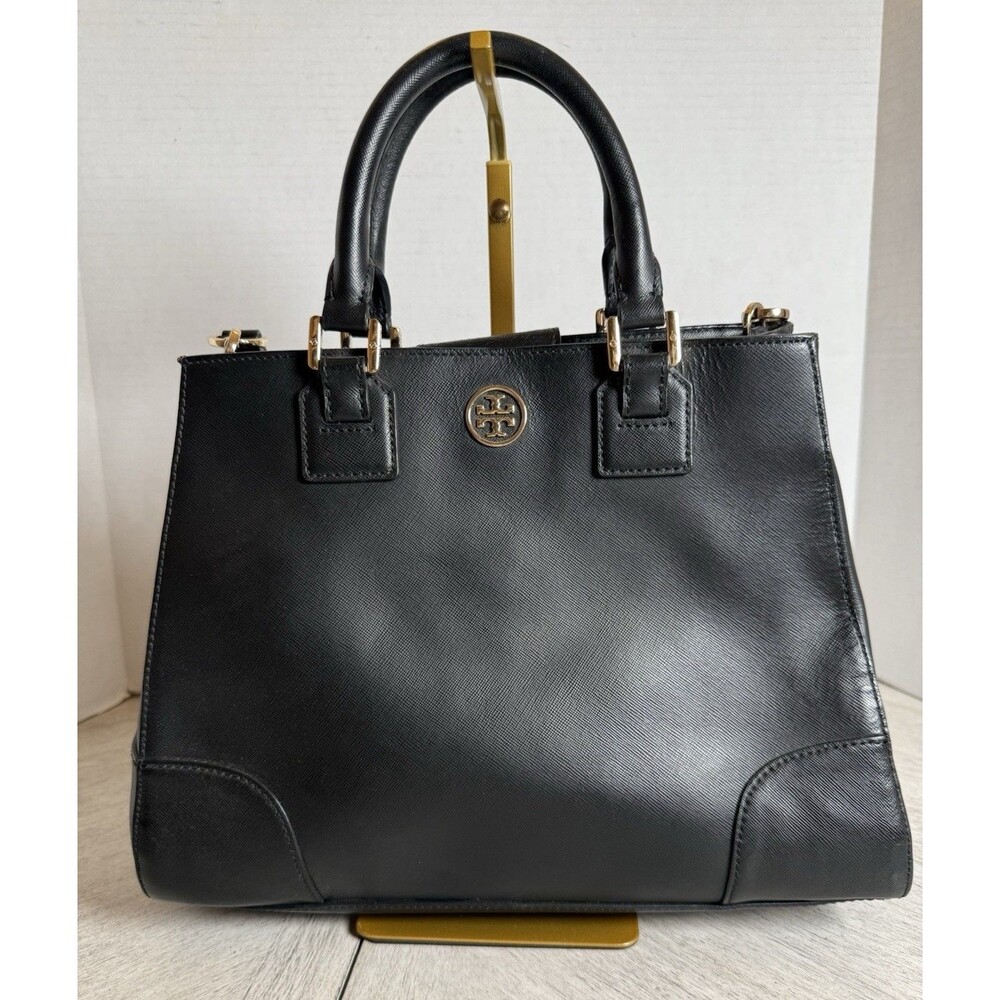 Tory Burch Black Leather Handbag Gold Hardware Dual Handles Shoulder Strap